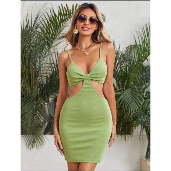 3/$15 Sage Green Hollow Out Mini Spaghetti Strap Club Dress Womens Size … - Picture 5 of 12